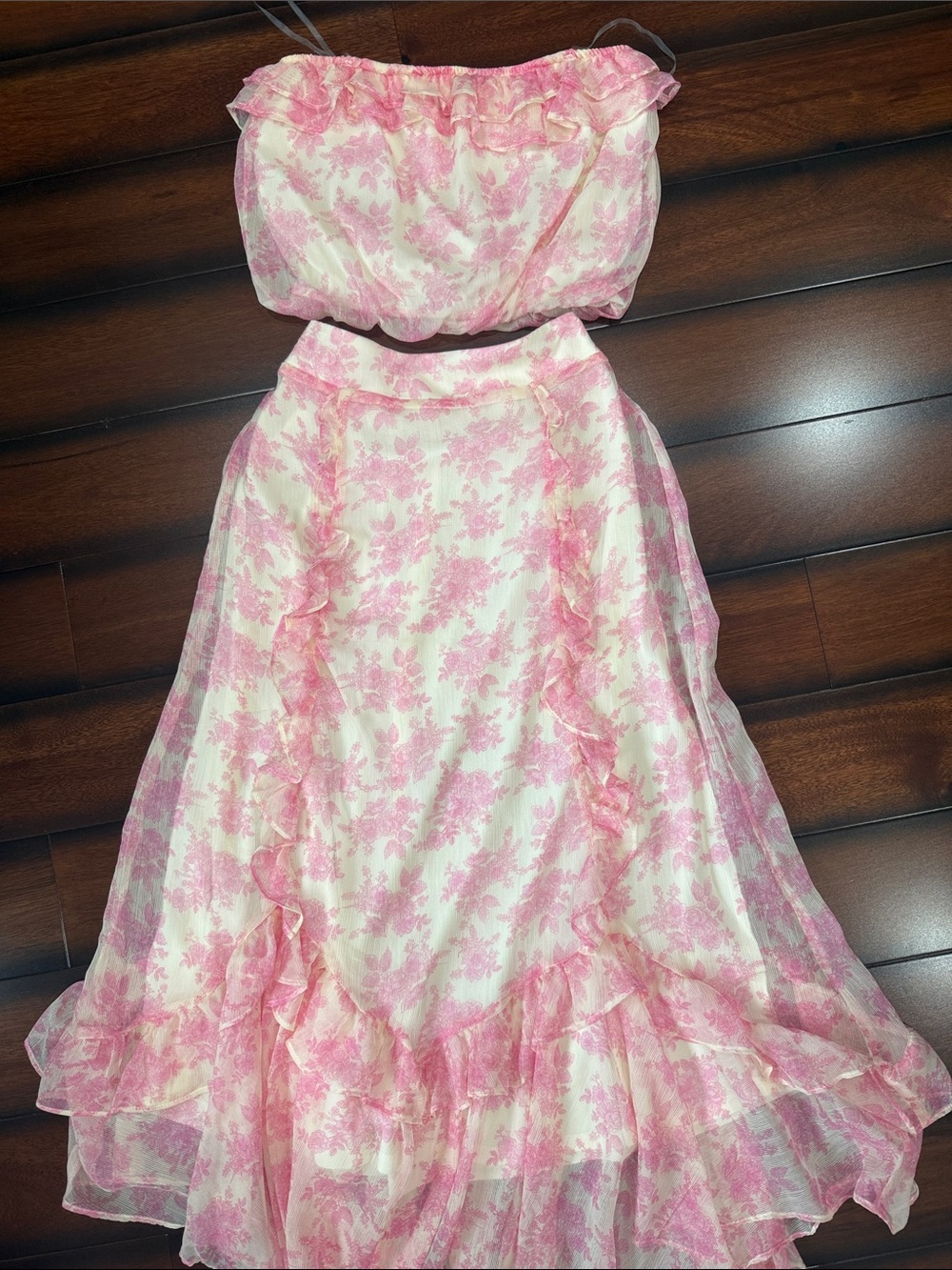 Altar'd State Pink and Cream Floral Ruffle Two-Piece Dress Set SMALL